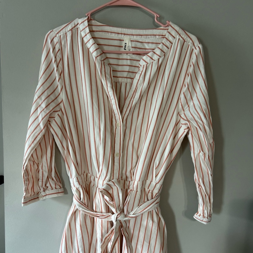 Pact Striped Button-Front midi dress  in White and Rust Sz L organic cotton
